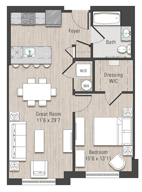 Floor plan for 1 bed, 1 bath, 700 sqft